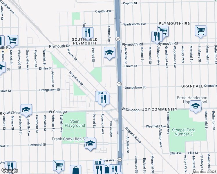 map of restaurants, bars, coffee shops, grocery stores, and more near 9901 Ashton Avenue in Detroit