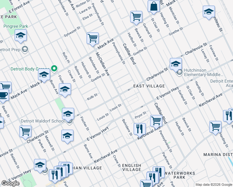 map of restaurants, bars, coffee shops, grocery stores, and more near 9310 Charlevoix Street in Detroit