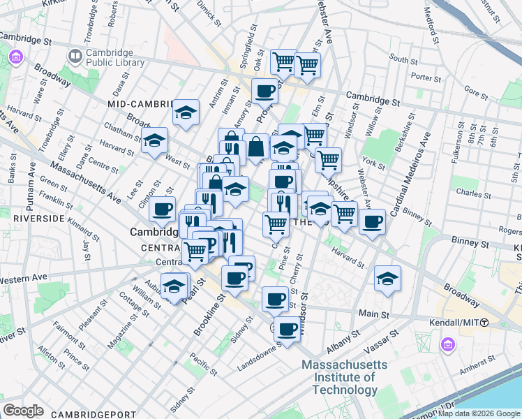 map of restaurants, bars, coffee shops, grocery stores, and more near 135 Norfolk Street in Cambridge