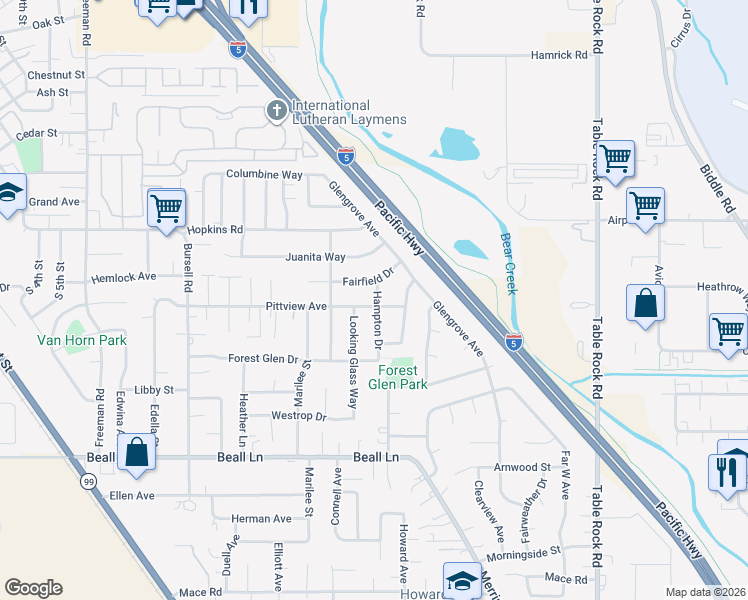 map of restaurants, bars, coffee shops, grocery stores, and more near 1087 Pittview Avenue in Central Point
