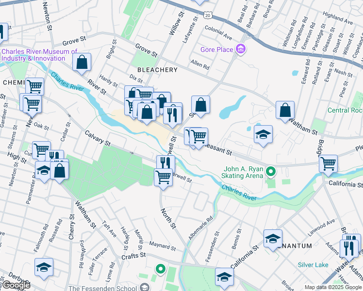 map of restaurants, bars, coffee shops, grocery stores, and more near 36 River Street in Waltham