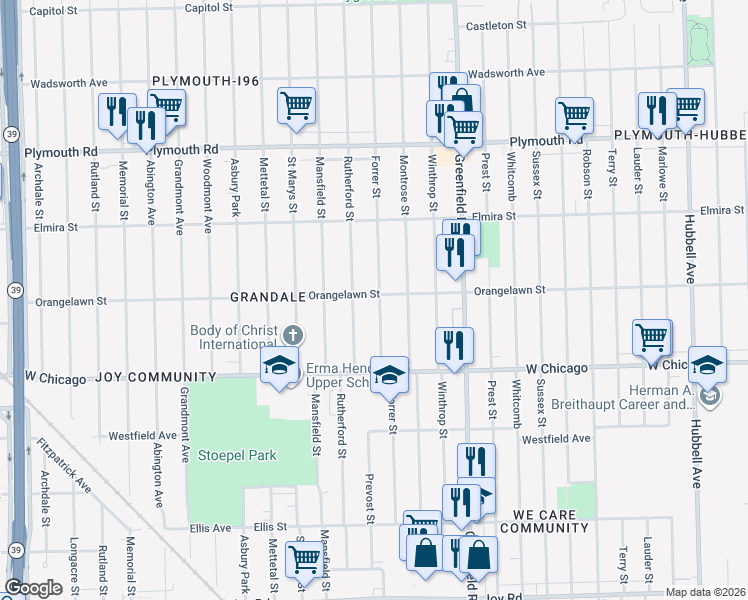 map of restaurants, bars, coffee shops, grocery stores, and more near 9660 Forrer Street in Detroit