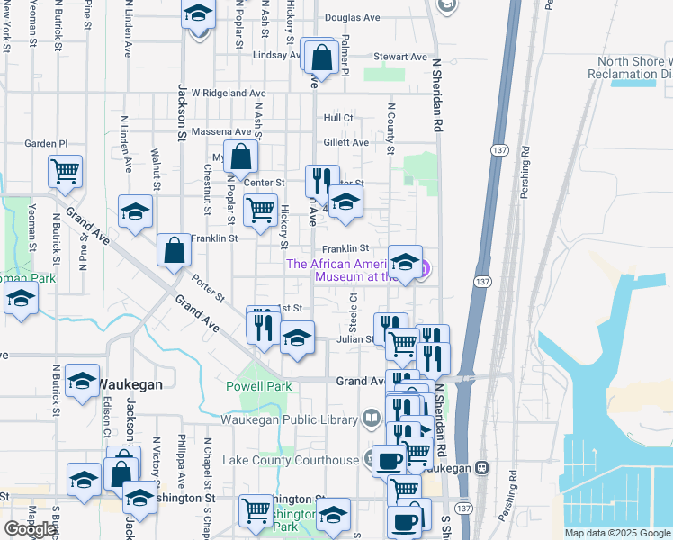 map of restaurants, bars, coffee shops, grocery stores, and more near 417 Franklin Street in Waukegan