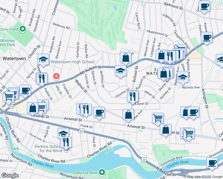 map of restaurants, bars, coffee shops, grocery stores, and more near 86 Boylston Street in Watertown
