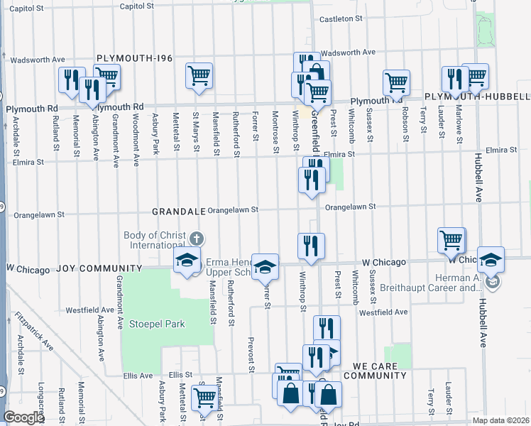 map of restaurants, bars, coffee shops, grocery stores, and more near 9660 Forrer Street in Detroit