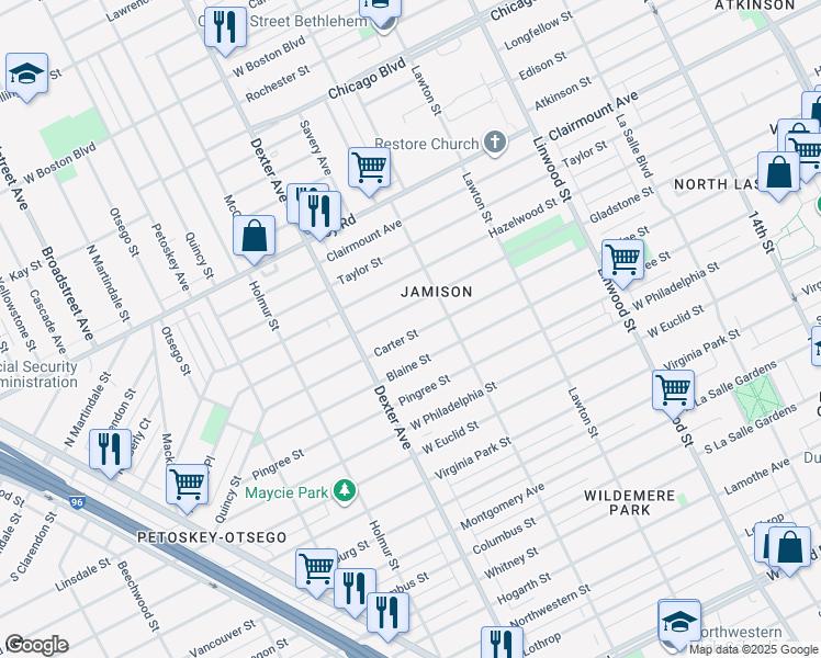 map of restaurants, bars, coffee shops, grocery stores, and more near 3276 Carter Street in Detroit