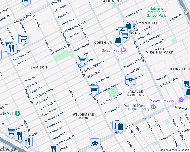 map of restaurants, bars, coffee shops, grocery stores, and more near 2483 West Euclid Street in Detroit
