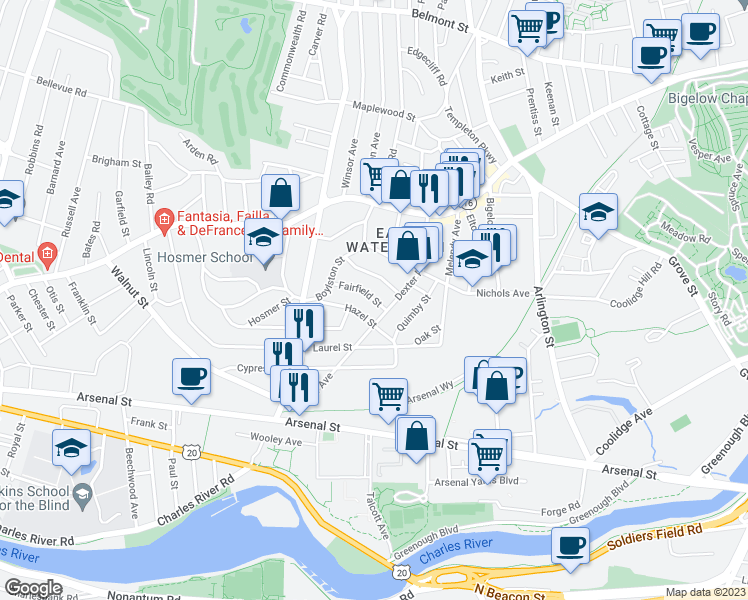 map of restaurants, bars, coffee shops, grocery stores, and more near 13 Fairfield Street in Watertown