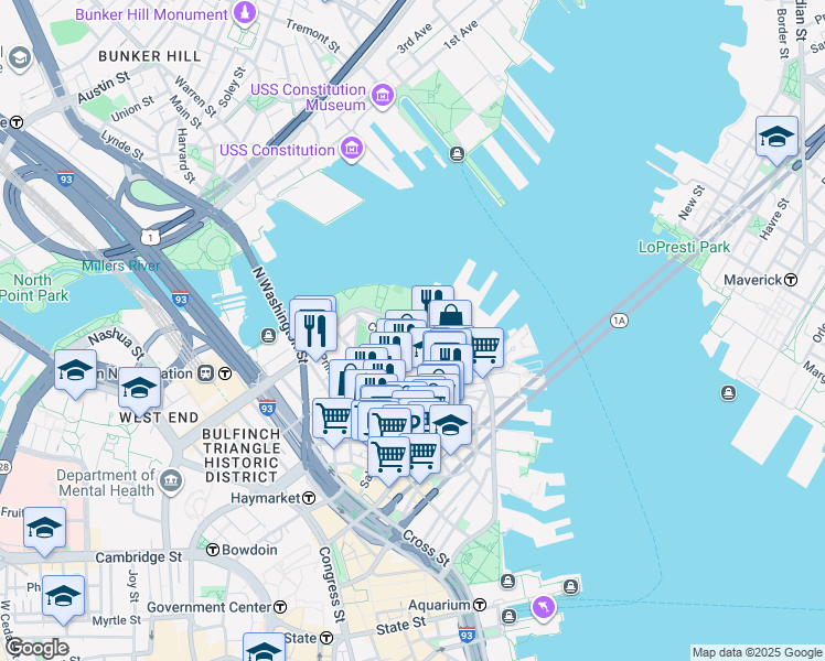map of restaurants, bars, coffee shops, grocery stores, and more near in Boston