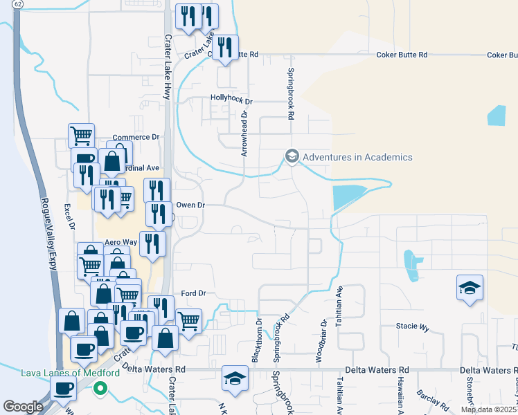 map of restaurants, bars, coffee shops, grocery stores, and more near 1608 Monarch Lane in Medford