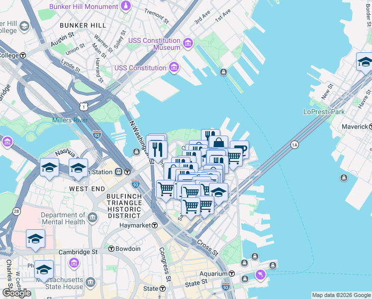 map of restaurants, bars, coffee shops, grocery stores, and more near in Boston
