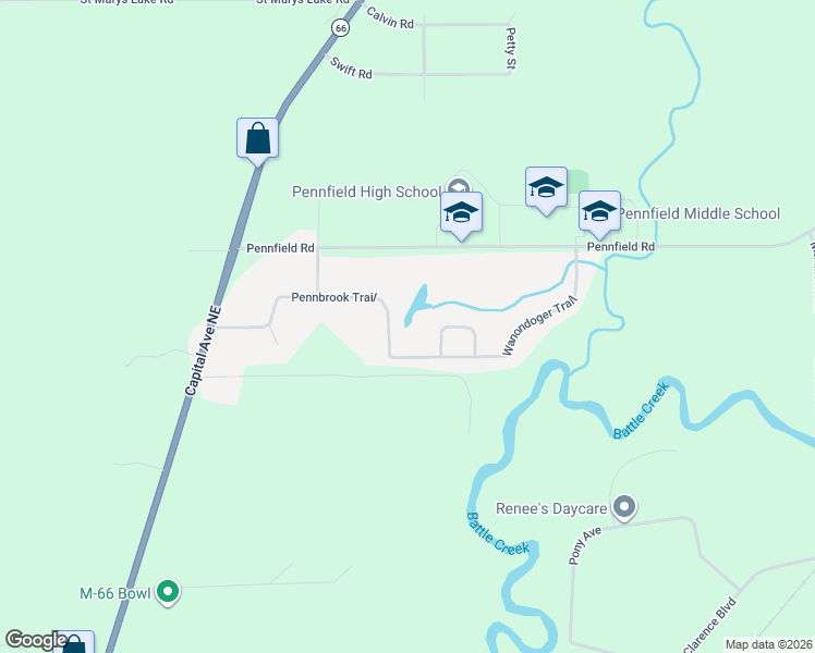 map of restaurants, bars, coffee shops, grocery stores, and more near 289 Pennbrook Trail in Battle Creek