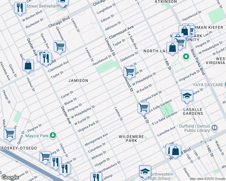 map of restaurants, bars, coffee shops, grocery stores, and more near 2731 Pingree Street in Detroit