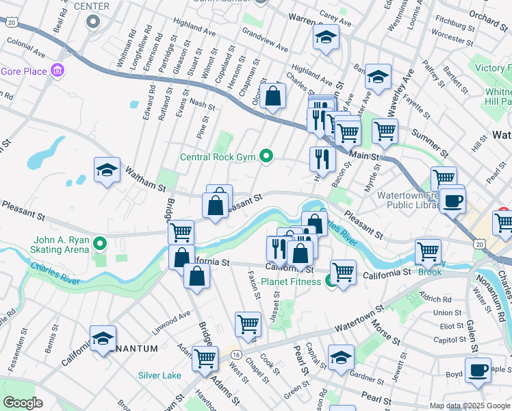map of restaurants, bars, coffee shops, grocery stores, and more near 300 Pleasant Street in Watertown