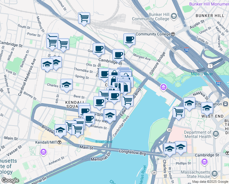 map of restaurants, bars, coffee shops, grocery stores, and more near 100 Cambridgeside Place in Cambridge