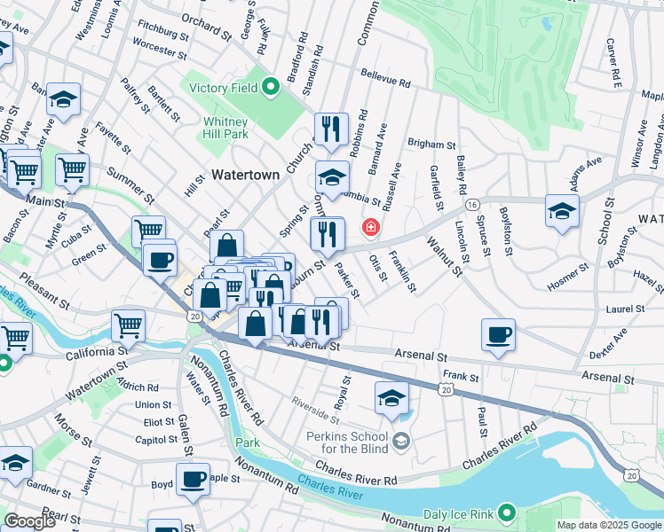 map of restaurants, bars, coffee shops, grocery stores, and more near 16 Parker Street in Watertown