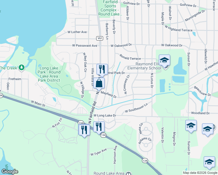map of restaurants, bars, coffee shops, grocery stores, and more near 1023 Barberry Lane in Round Lake Beach