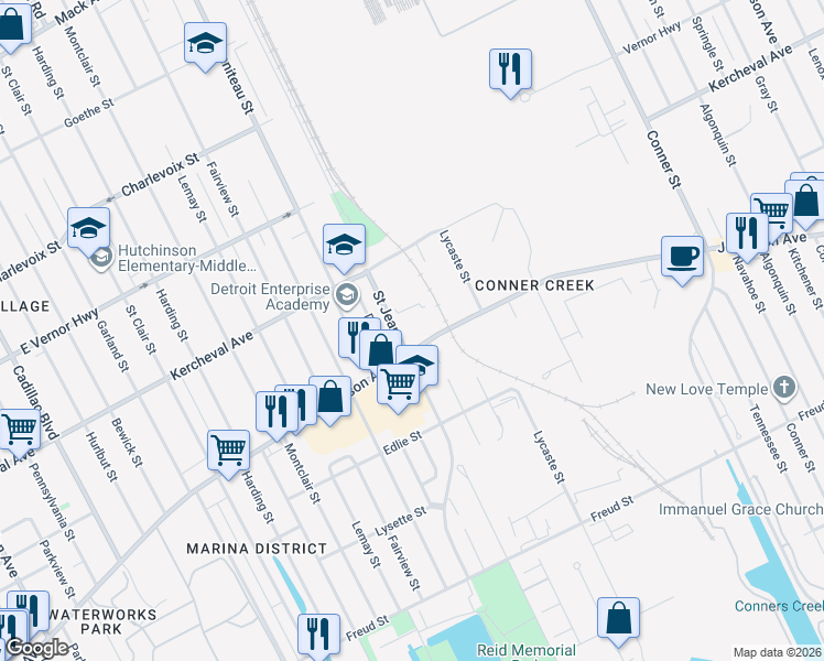 map of restaurants, bars, coffee shops, grocery stores, and more near 11411 East Jefferson Avenue in Detroit
