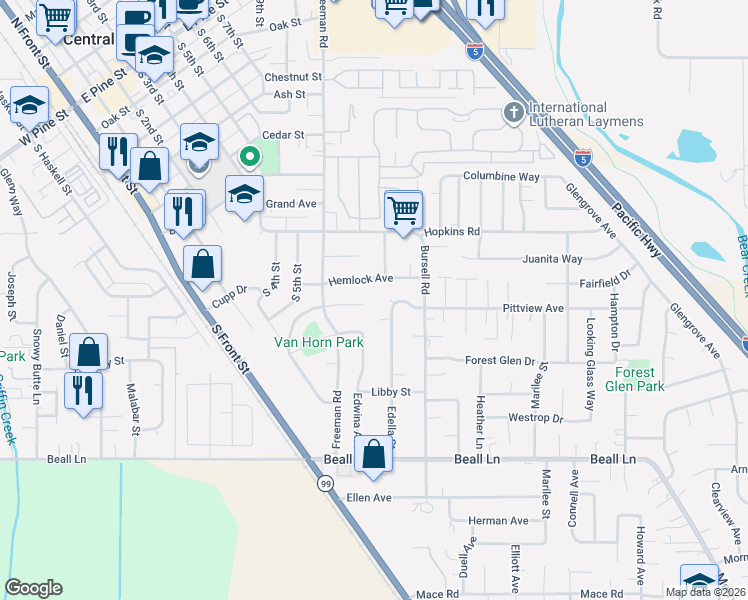 map of restaurants, bars, coffee shops, grocery stores, and more near 668 Rose Valley Court in Central Point