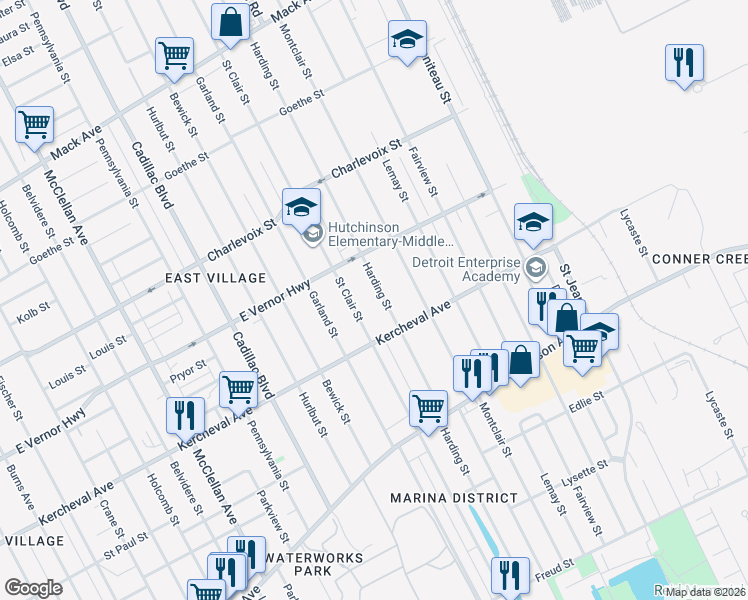 map of restaurants, bars, coffee shops, grocery stores, and more near 2175 Harding Street in Detroit