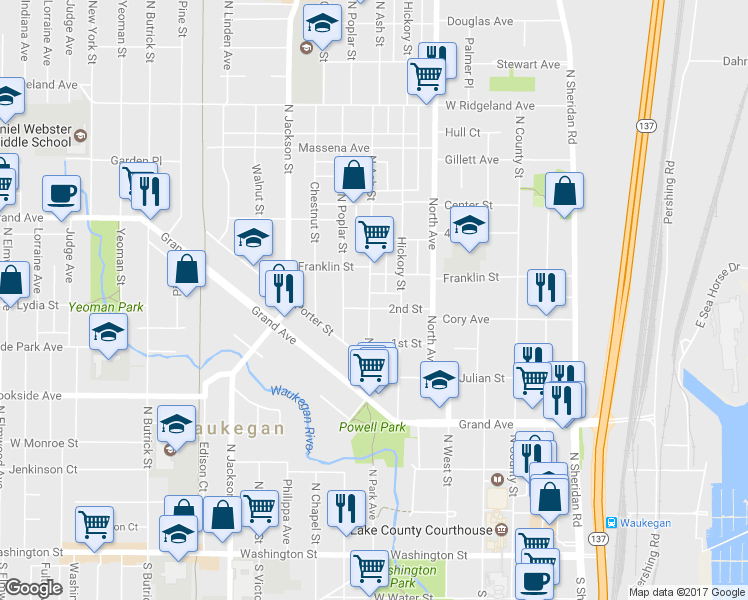 map of restaurants, bars, coffee shops, grocery stores, and more near 622 2nd Street in Waukegan