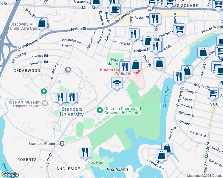 map of restaurants, bars, coffee shops, grocery stores, and more near 269 South Street in Waltham