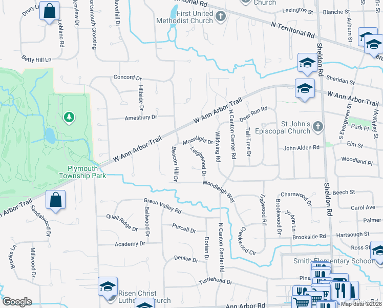 map of restaurants, bars, coffee shops, grocery stores, and more near 11985 Leighwood Drive in Plymouth