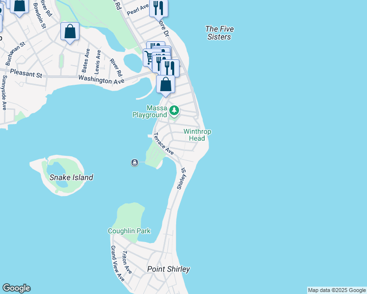 map of restaurants, bars, coffee shops, grocery stores, and more near 41 Harbor View Avenue in Winthrop