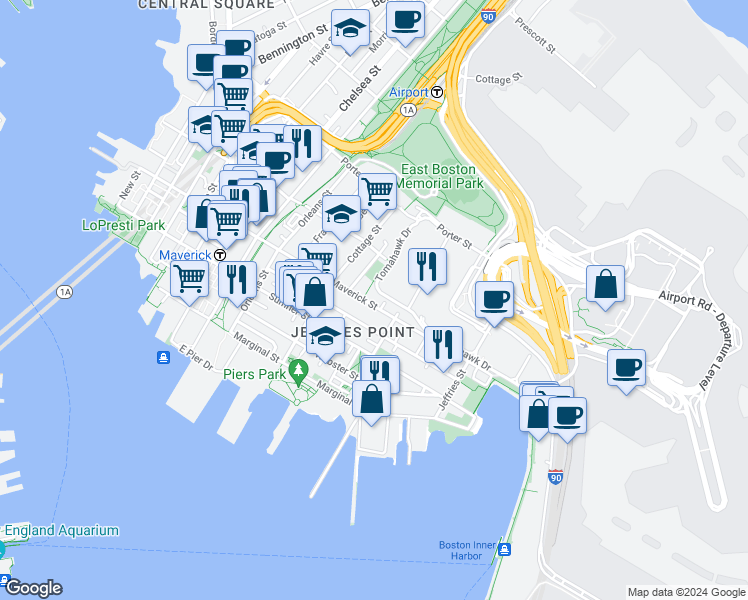 map of restaurants, bars, coffee shops, grocery stores, and more near 296 Maverick Street in Boston