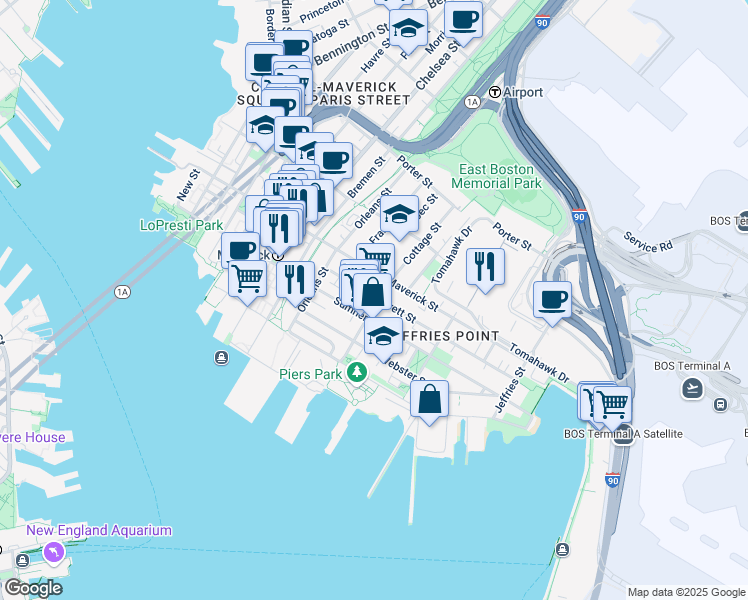 map of restaurants, bars, coffee shops, grocery stores, and more near 68 Cottage Street in Boston