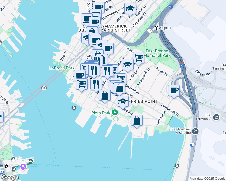 map of restaurants, bars, coffee shops, grocery stores, and more near 16 Cottage Street in Boston