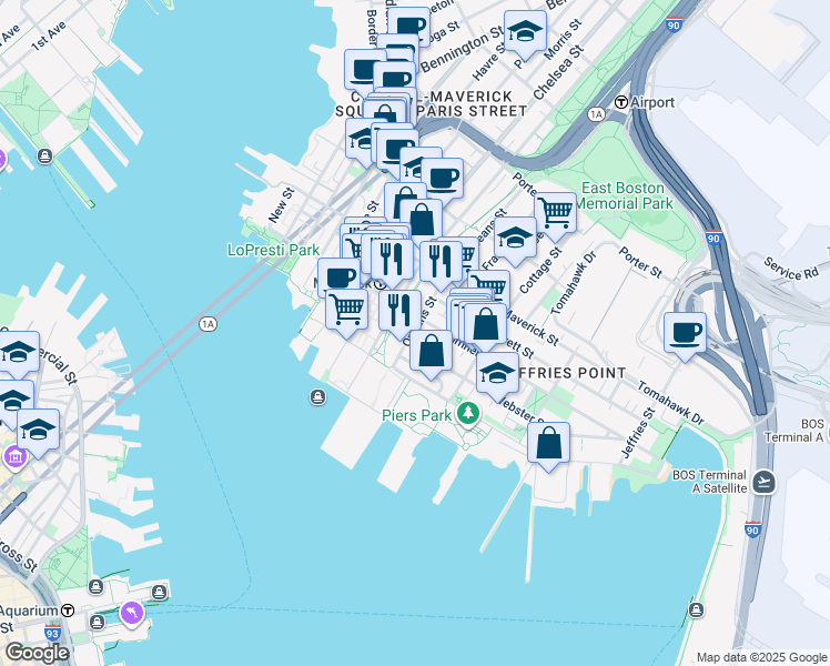 map of restaurants, bars, coffee shops, grocery stores, and more near 30 Orleans Street in Boston