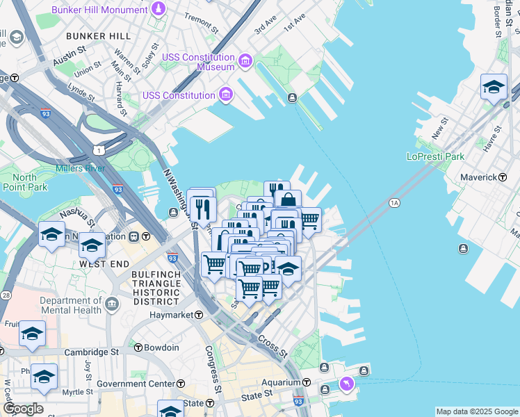 map of restaurants, bars, coffee shops, grocery stores, and more near in Boston