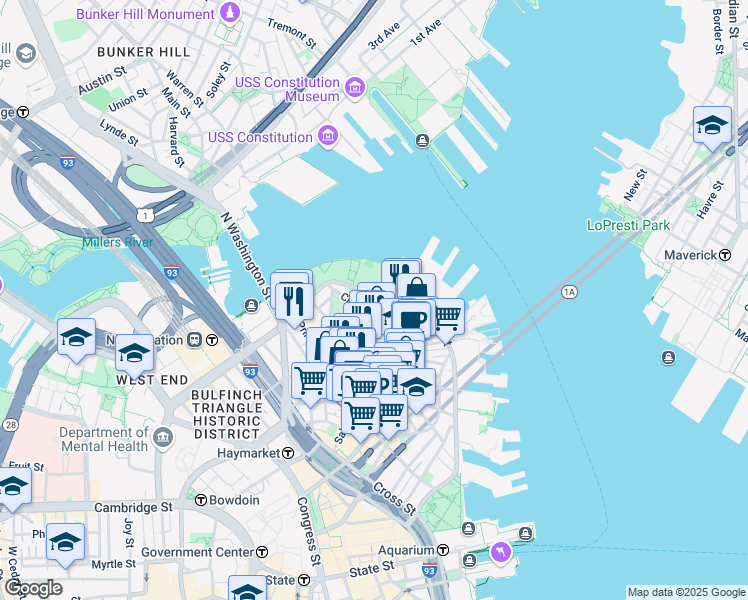 map of restaurants, bars, coffee shops, grocery stores, and more near in Boston
