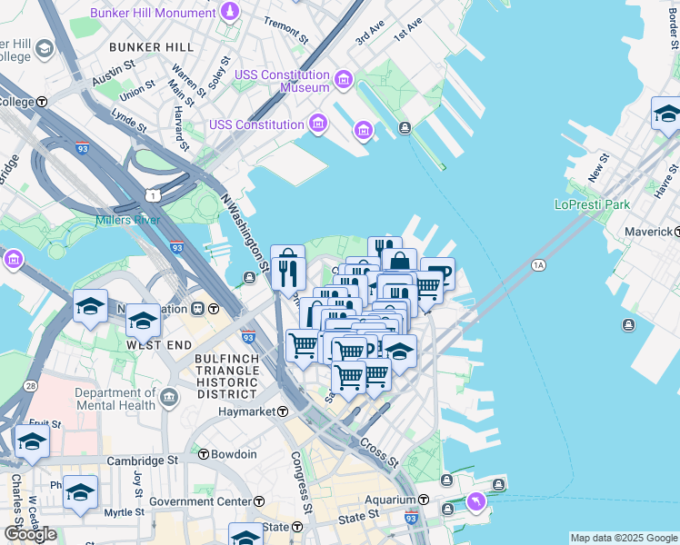 map of restaurants, bars, coffee shops, grocery stores, and more near in Boston