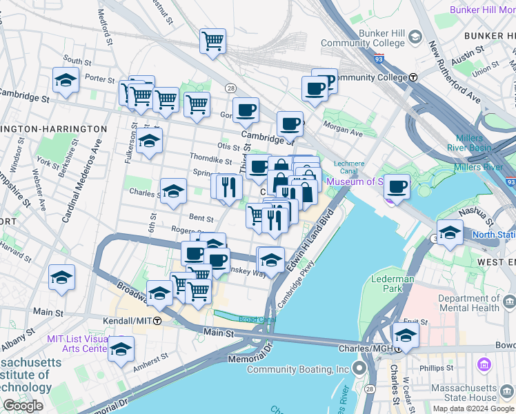 map of restaurants, bars, coffee shops, grocery stores, and more near 110 Second Street in Cambridge