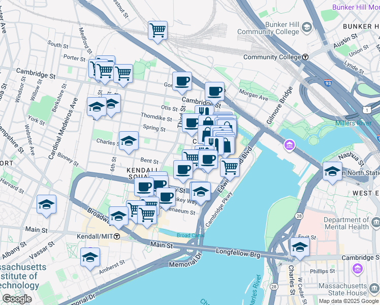 map of restaurants, bars, coffee shops, grocery stores, and more near in Cambridge