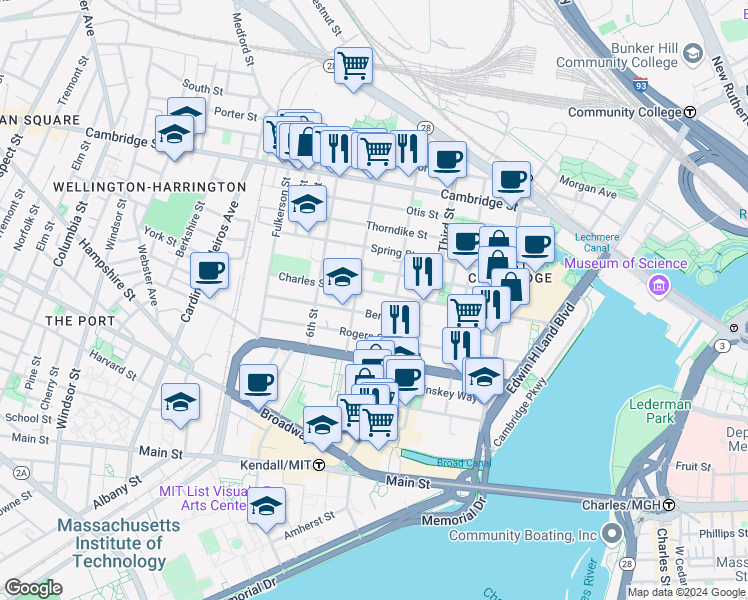 map of restaurants, bars, coffee shops, grocery stores, and more near 190 5th Street in Cambridge
