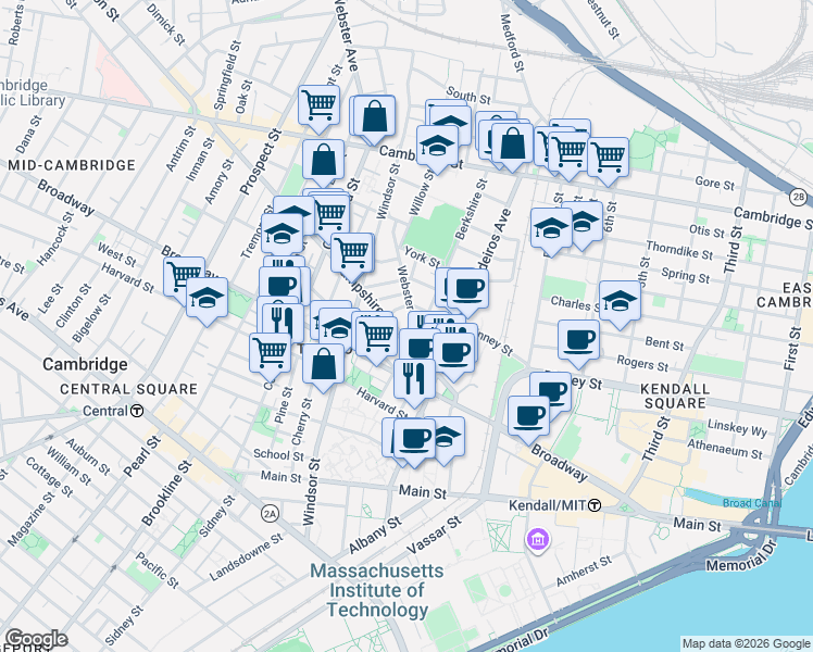 map of restaurants, bars, coffee shops, grocery stores, and more near 33 Webster Avenue in Cambridge