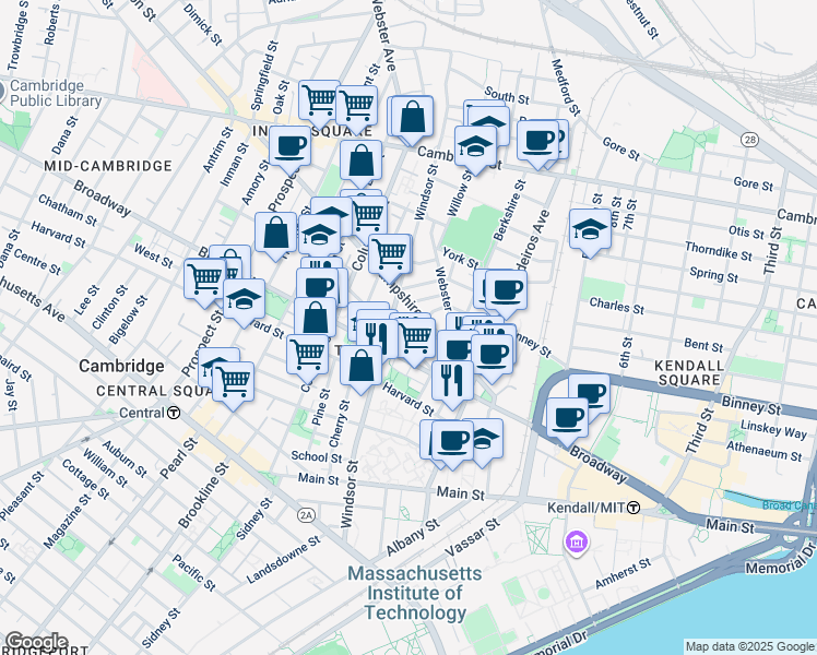 map of restaurants, bars, coffee shops, grocery stores, and more near 86 Bristol Street in Cambridge