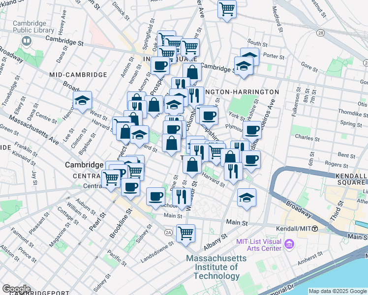 map of restaurants, bars, coffee shops, grocery stores, and more near 268 Broadway in Cambridge