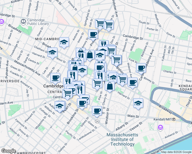 map of restaurants, bars, coffee shops, grocery stores, and more near 14 Elm Street in Cambridge