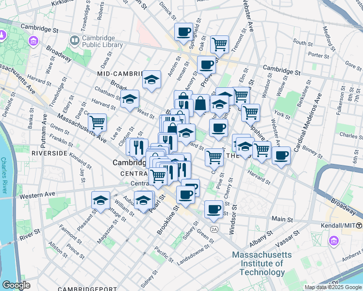 map of restaurants, bars, coffee shops, grocery stores, and more near 55 Essex Street in Cambridge