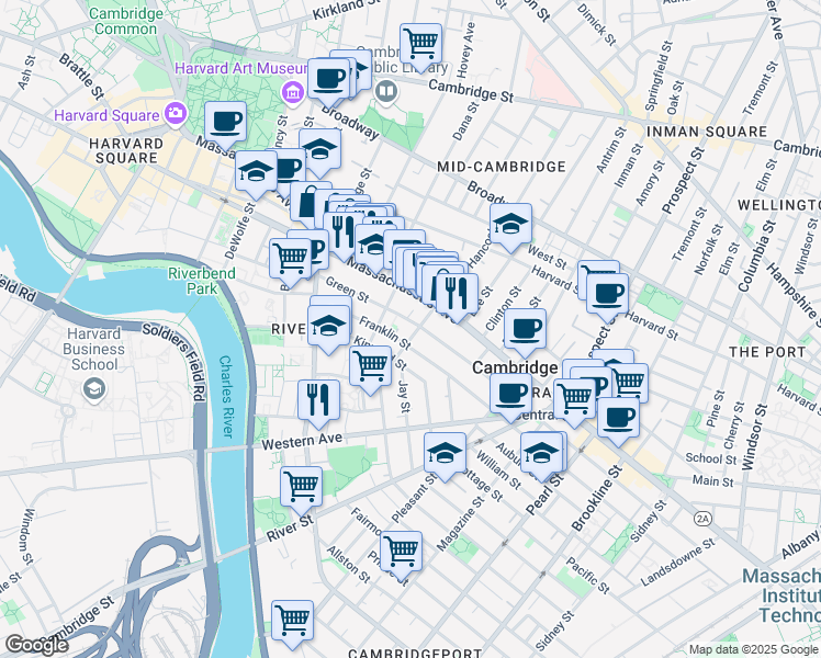 map of restaurants, bars, coffee shops, grocery stores, and more near 488 Franklin Street in Cambridge