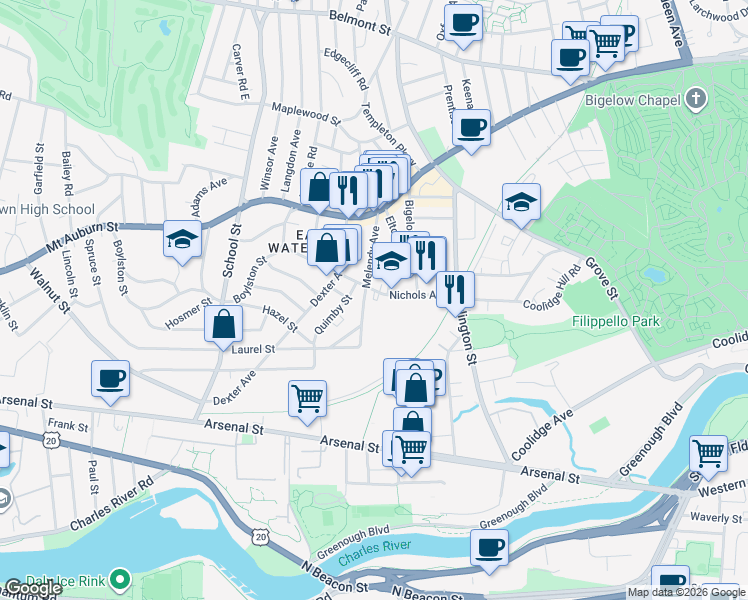 map of restaurants, bars, coffee shops, grocery stores, and more near 87 Melendy Avenue in Watertown