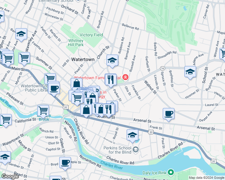map of restaurants, bars, coffee shops, grocery stores, and more near 16 Parker Street in Watertown