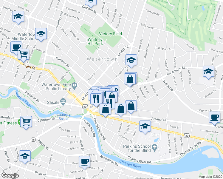 map of restaurants, bars, coffee shops, grocery stores, and more near 92 Mount Auburn Street in Watertown