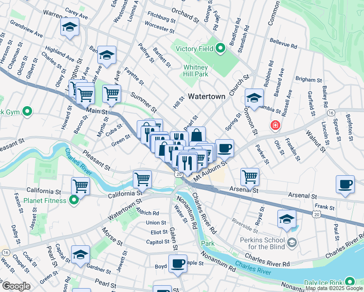map of restaurants, bars, coffee shops, grocery stores, and more near 10A Winter Street in Watertown
