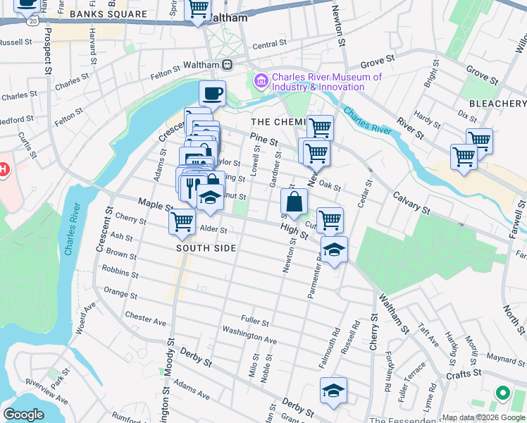 map of restaurants, bars, coffee shops, grocery stores, and more near 80 High Street in Waltham