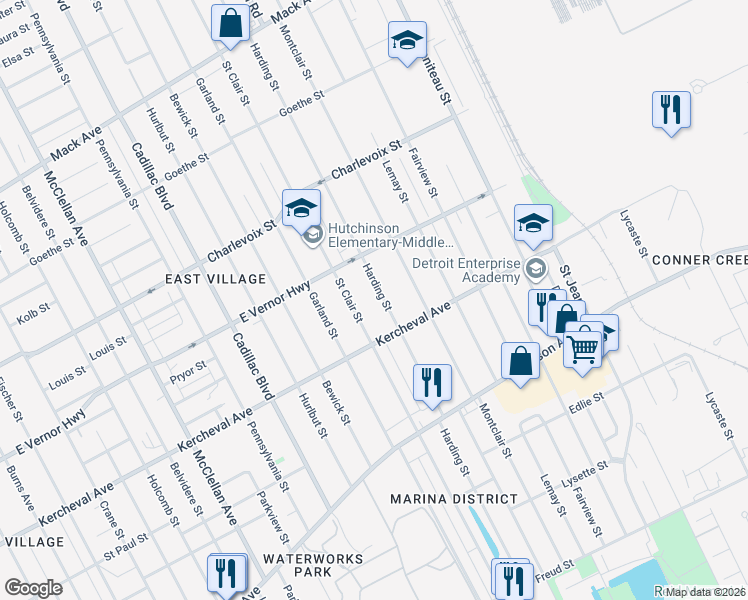 map of restaurants, bars, coffee shops, grocery stores, and more near 2175 Harding Street in Detroit